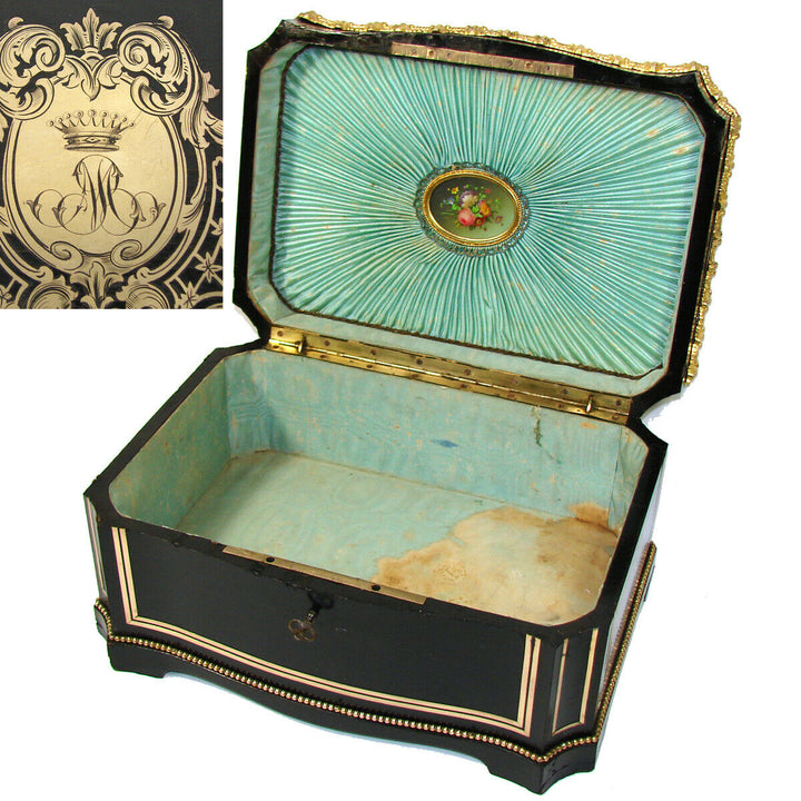 LG Antique French 14.5" Jewelry or Sewing Chest, Boulle, Crown Monogram, Tahan?