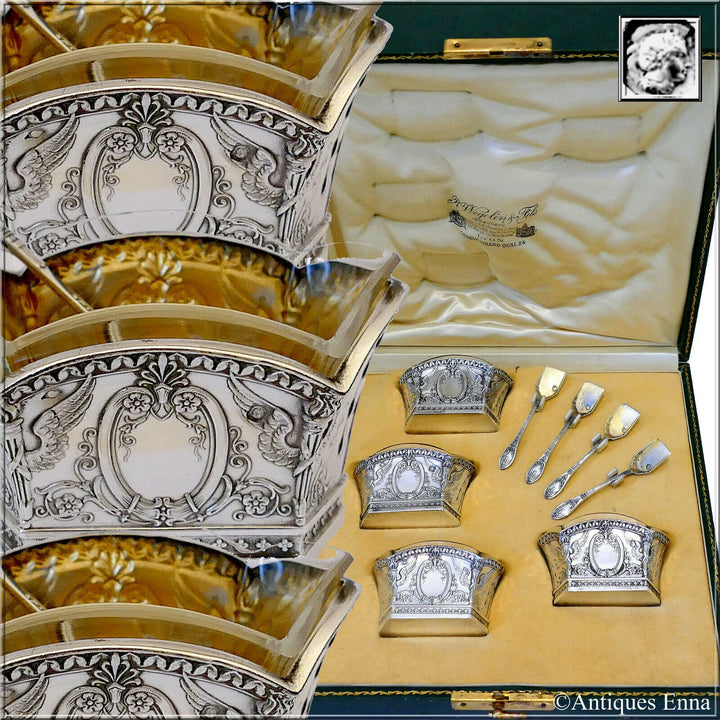 Lapparra Masterpiece French Sterling Silver 4 Salt Cellars, Box, Empire