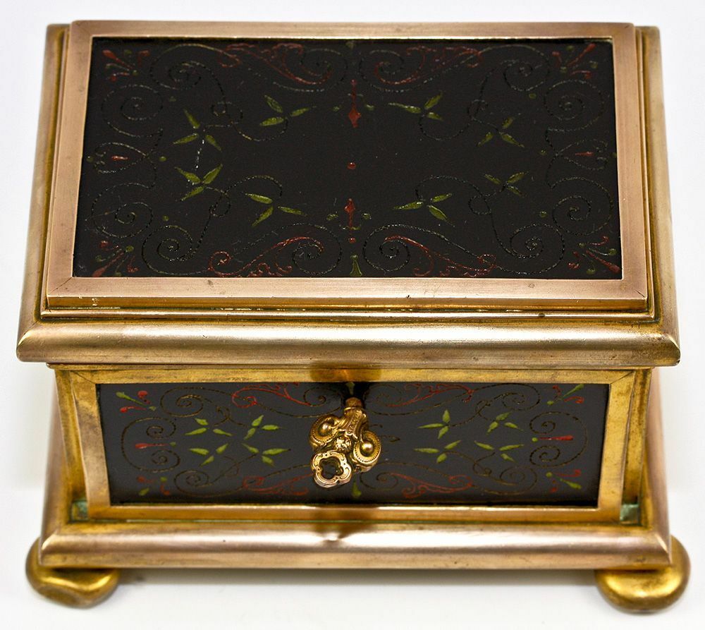 Antique French Pietra Dura & Bronze Jewelry Casket, Box, Painted Marble