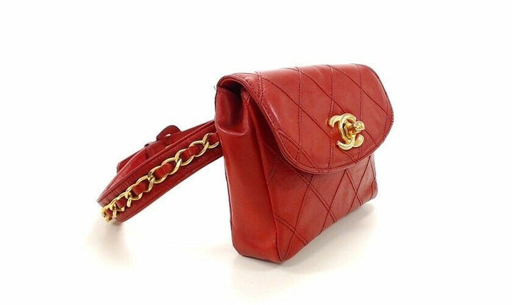 Auth CHANEL Quilted CC Chain Belt Waist Bum Bag Red Leather