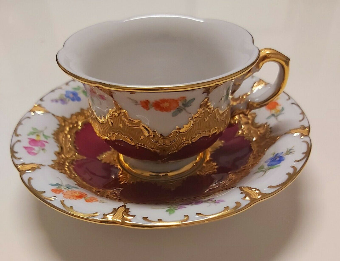 マイセンBフォーム、コーヒー2点セット、花柄と赤釉に金彩
