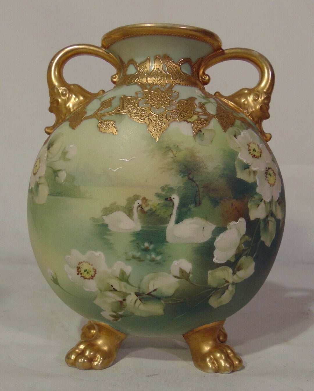 Japanese Nippon Porcelain Vase Elephant Handles Lion's Feet Swan White Roses