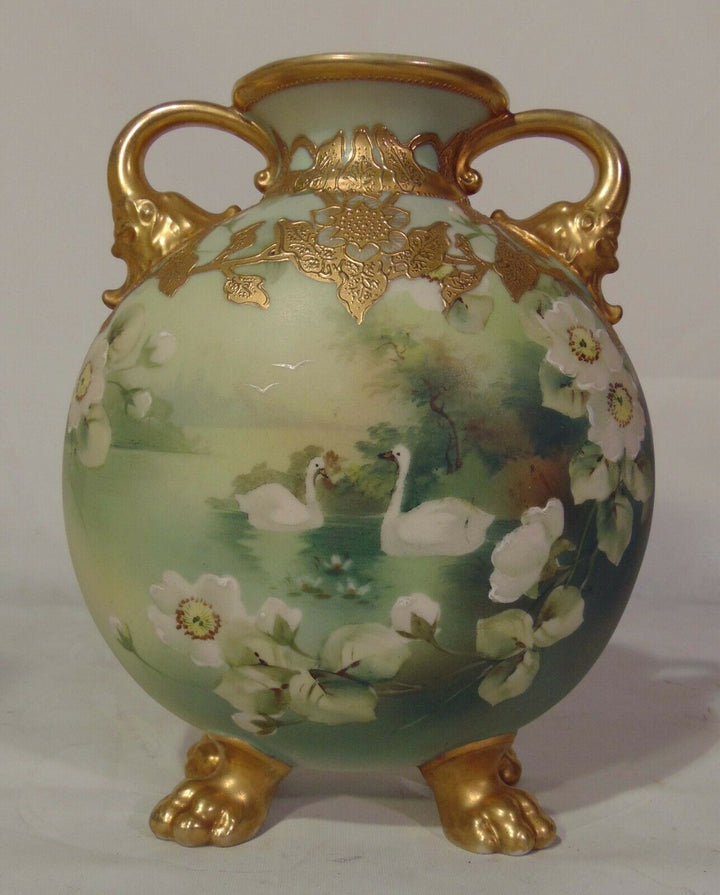 Japanese Nippon Porcelain Vase Elephant Handles Lion's Feet Swan White Roses