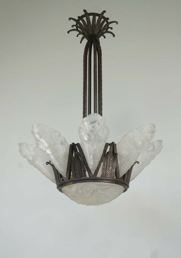 DEGUÉ : VERY LARGE 1930 FRENCH ART DECO CHANDELIER ... wrought iron muller era