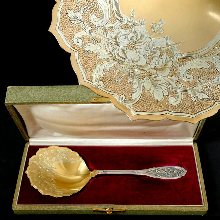 Puiforcat French Sterling Silver 18k Gold Strawberry Spoon w/box, Moderne
