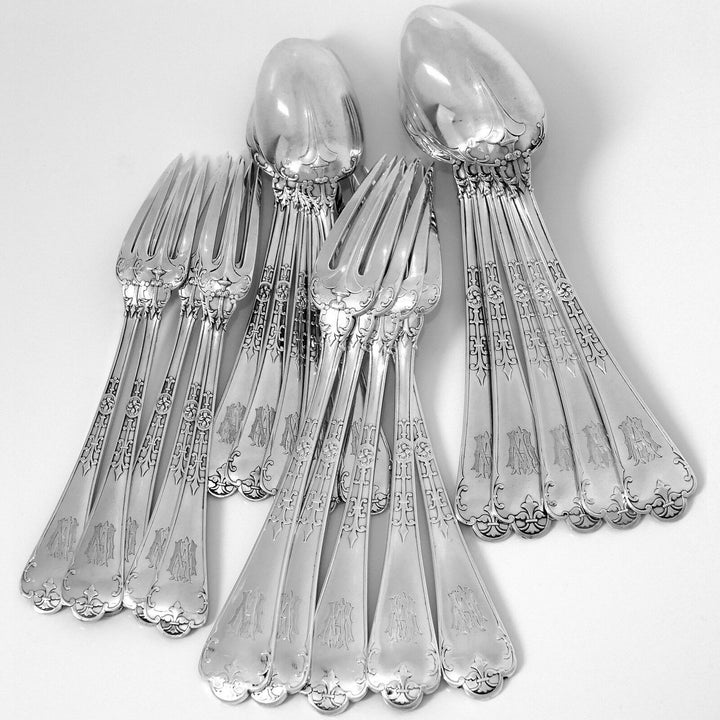 Puiforcat French Sterling Silver Dinner Dessert Flatware Set, Fer De Lance