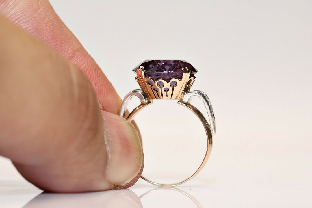 14K ナチュラルローズカットダイヤモンドとアメシストのリング