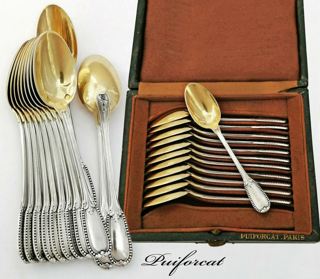 Puiforcat: French Sterling Silver & Vermeil Small Coffee, Mocha Spoons - 12pc