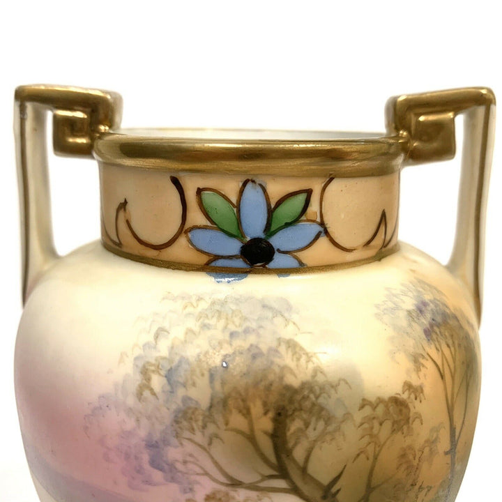 Vintage Nippon Art Deco Vase Hand Painted Morimura Bros Lake w Lotus Tree 6”