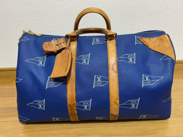 LOUIS VUITTON KEEPALL 45 BAG CUP 1992 BLUE LEATHER VINTAGE Boston