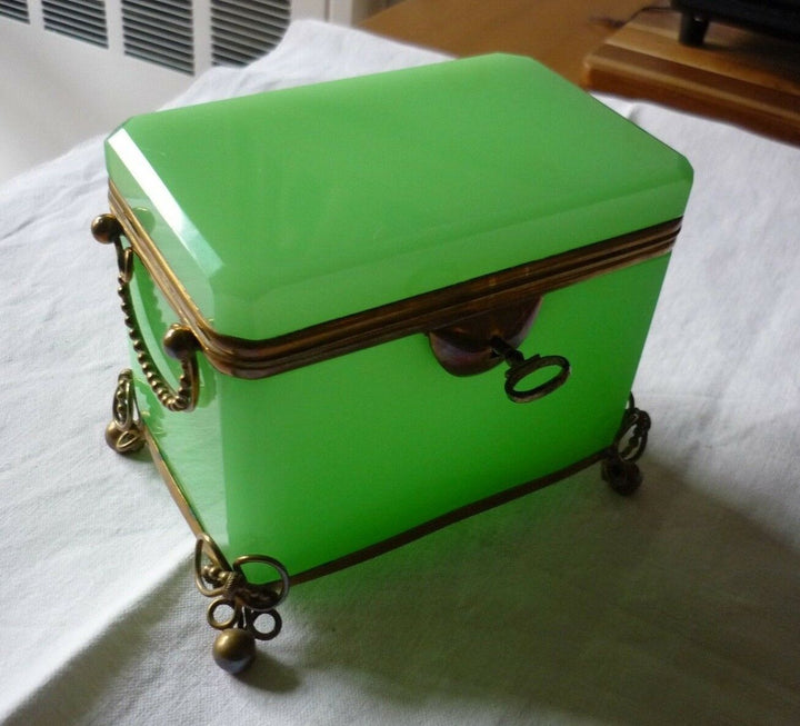French/Bohemian Opaline/Vaseline Glass Casket Box 19th C Green