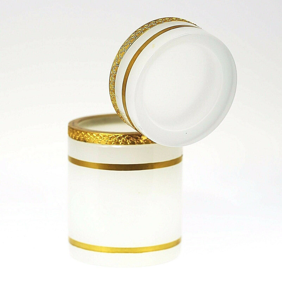 Vintage French trinket or jewelry BOX opaline glass w/ gold bands and hinged lid