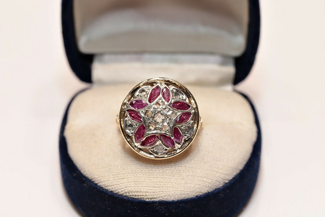 アンティーク 14K ヴィクトリアン ナチュラルローズカットダイヤモンドとルビーのリング