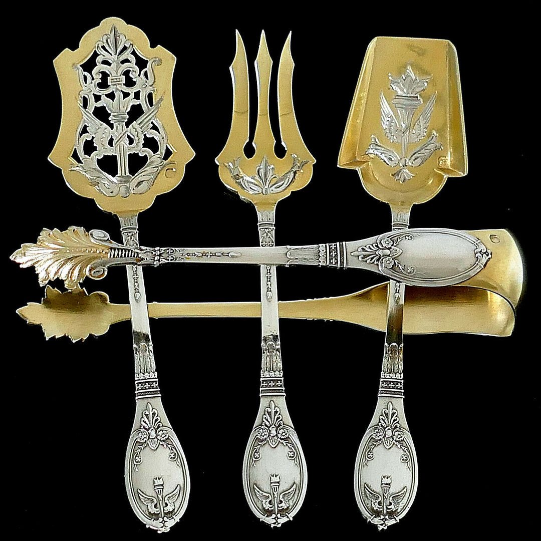 Lapparra French Sterling Silver 18k Gold Dessert Set 4 Pc, Original Box, Empire