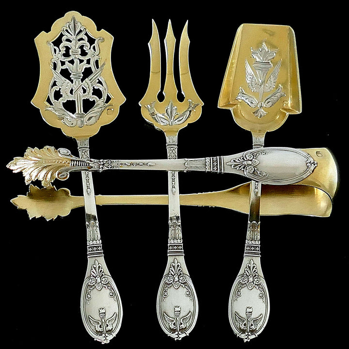 Lapparra French Sterling Silver 18k Gold Dessert Set 4 Pc, Original Box, Empire
