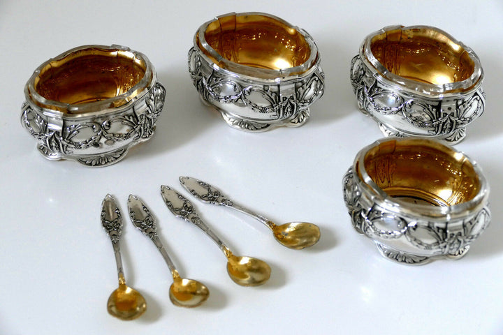 Collet French Sterling Silver 18k Gold Set 4 Salt Cellars, Spoons, Original box