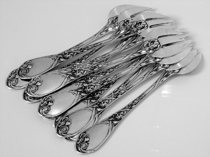 Puiforcat Fabulous French All Sterling Silver Oyster Forks 12 pc Iris Pattern