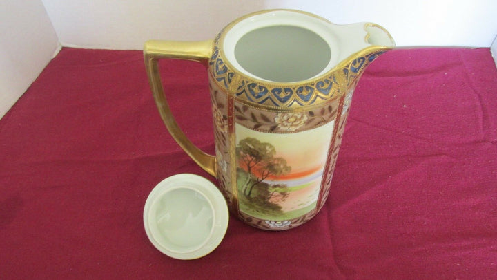 NIPPON GRN MRK GOLD ENAMELED FLOWERS DESIGN SWANS LAKE COTTAGE 8"T CHOCOLATE POT
