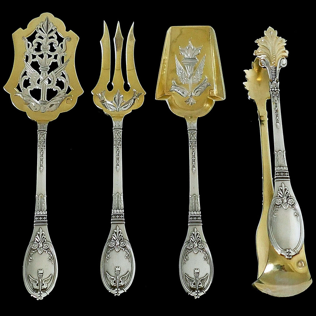 Lapparra French Sterling Silver 18k Gold Dessert Set 4 Pc, Original Box, Empire