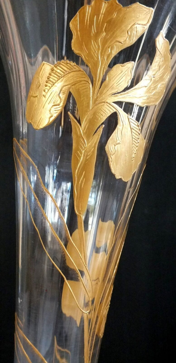 Grand Vase Art Nouveau Cornet Emaille Or Baccarat