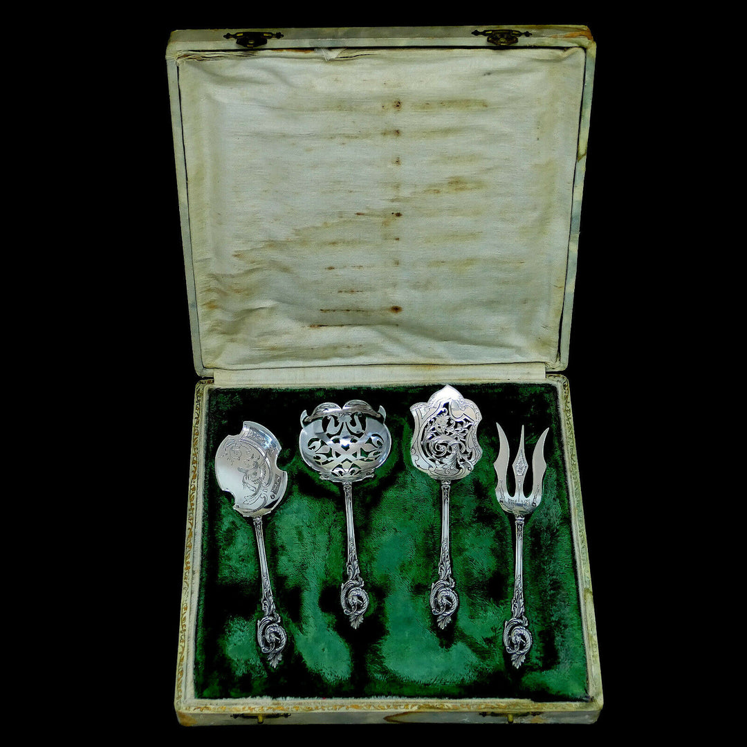 Canaux Masterpiece French Sterling Silver Dessert Set 4 Pc, Dragon, Box