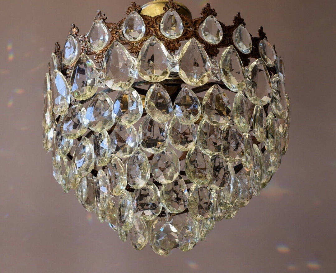 Flush Antique / Vintage Crystal Chandelier, Low Ceiling Chandelier, 1950's lamp