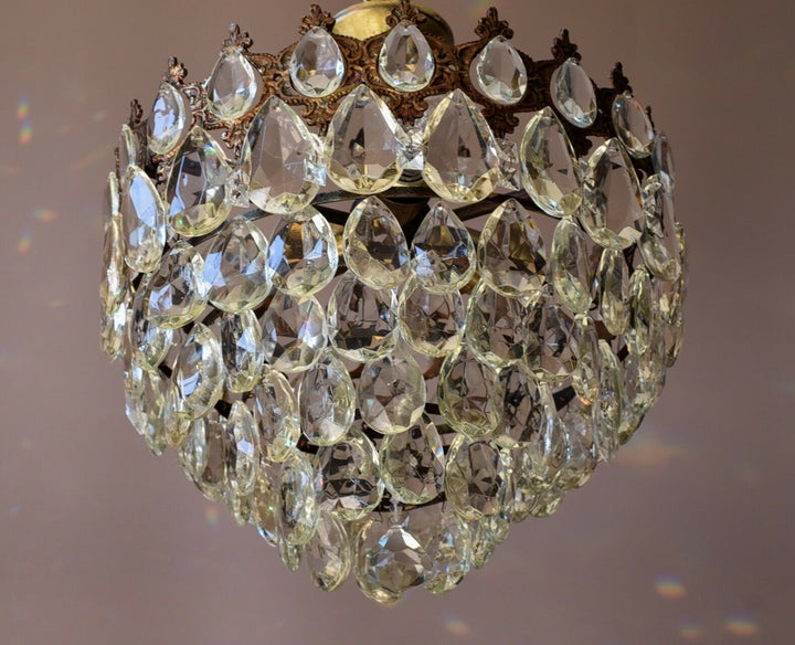 Flush Antique / Vintage Crystal Chandelier, Low Ceiling Chandelier, 1950's lamp