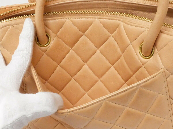 AUTH CHANEL BEIGE Quilted Lamb skin Leather Gold Medallion