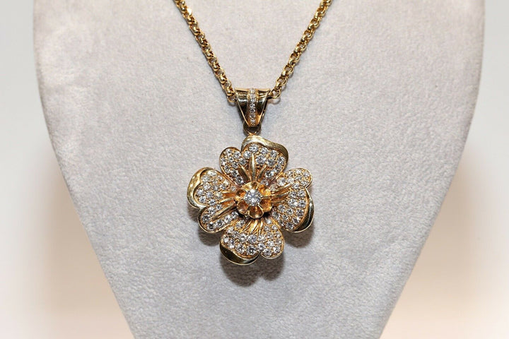 ビンテージ オリジナル 18K ゴールド 天然ダイヤモンド 装飾フラワーネックレス