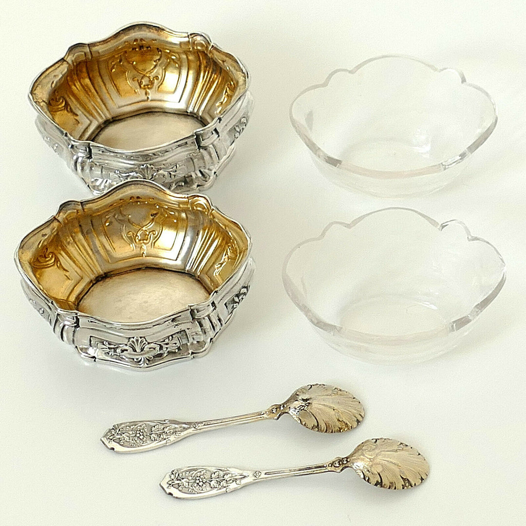 Puiforcat French Sterling Silver Salt Cellars Pair, Spoons, Box,