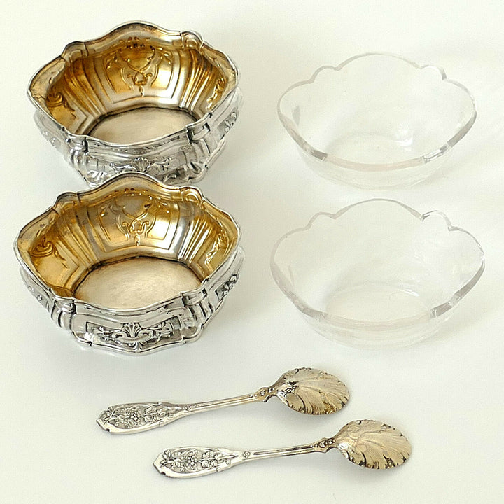 Puiforcat French Sterling Silver Salt Cellars Pair, Spoons, Box,