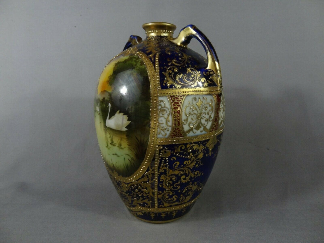 オールドノリタケ　金盛と白鳥とコバルトの花瓶