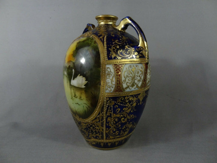 オールドノリタケ　金盛と白鳥とコバルトの花瓶