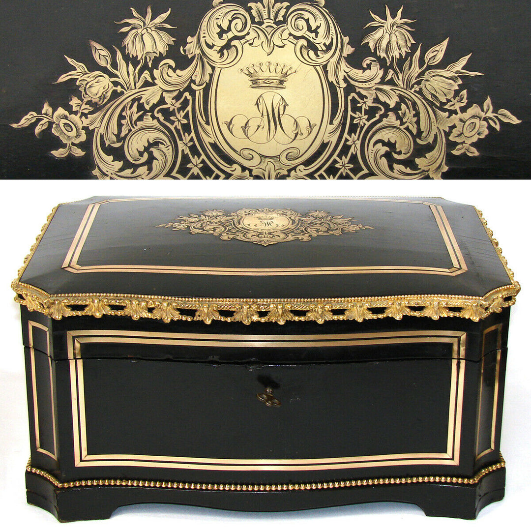 LG Antique French 14.5" Jewelry or Sewing Chest, Boulle, Crown Monogram, Tahan?