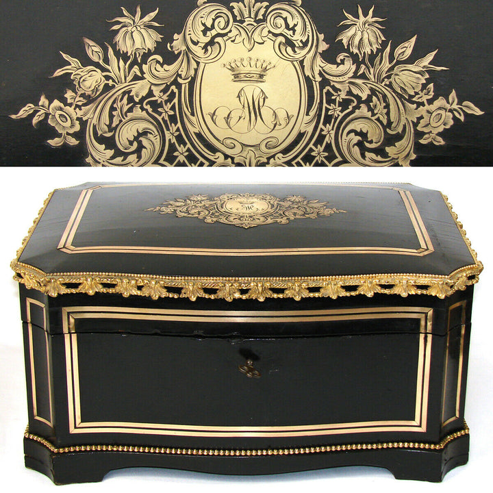 LG Antique French 14.5" Jewelry or Sewing Chest, Boulle, Crown Monogram, Tahan?