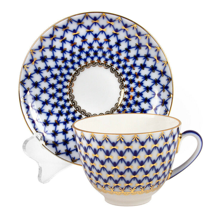 Cobalt Net Porcelain Teacup and Saucer, Imperial Porcelain Russia, 230 ml LFZ