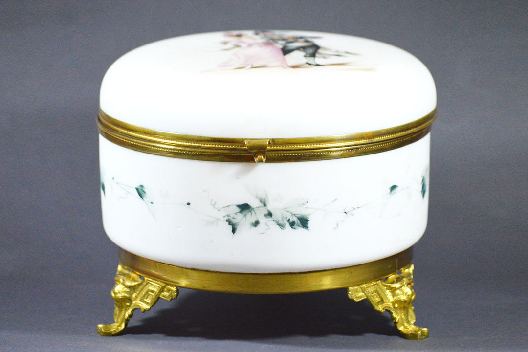 ANTIQUE 18 CM PERFECT BIG SATIN GLASS FRENCH FRANCE BOX JEWELRY AND BRONZE MOUNT