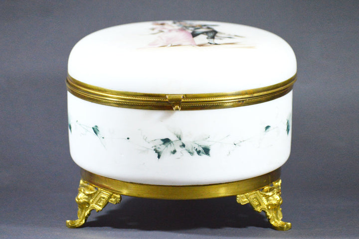 ANTIQUE 18 CM PERFECT BIG SATIN GLASS FRENCH FRANCE BOX JEWELRY AND BRONZE MOUNT