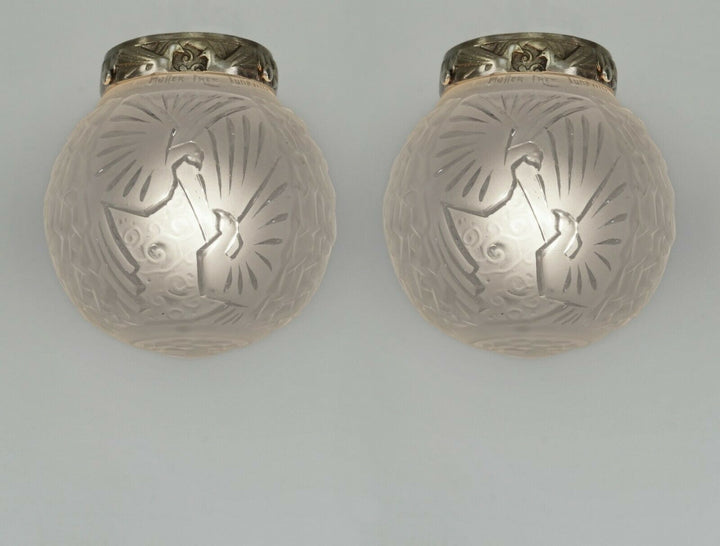 ミューラー兄弟 フレンチ・アールデコ調フラッシュマウント(クジャク)  ペア 1930年