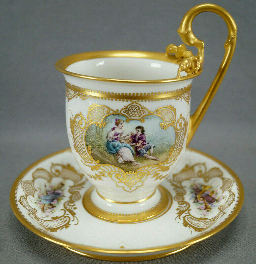 Sevres Hand Painted Courting Couple & Raised Gold Oversized Cup & Saucer C. 1889