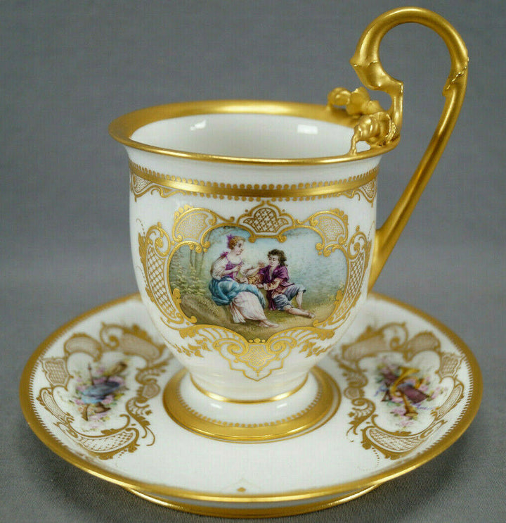 Sevres Hand Painted Courting Couple & Raised Gold Oversized Cup & Saucer C. 1889