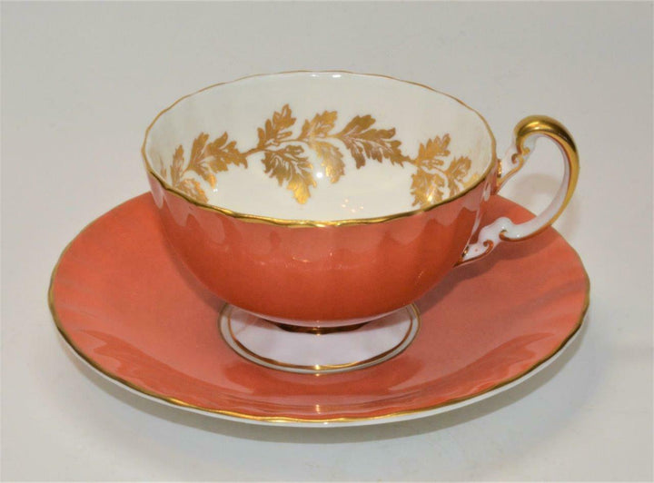 AYNSLEY Bone China England Orange Gold LEAVES Ribbed #C1687 Set Cup & Saucer