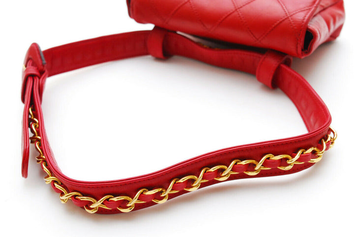 Auth CHANEL Quilted CC Chain Belt Waist Bum Bag Red Leather