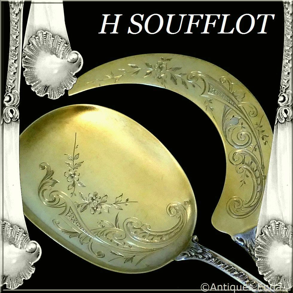 Soufflot Rare French All Sterling Silver 18k Gold Ice Cream Servers 2 pc Rococo