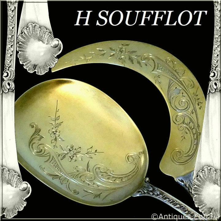 Soufflot Rare French All Sterling Silver 18k Gold Ice Cream Servers 2 pc Rococo