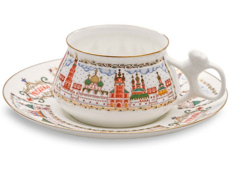 Moscow Kremlin Red Square Teacup & Saucer Imperial Lomonosov Porcelain Authentic
