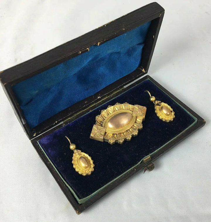 Antique Victorian 14k - 16k Gold Mourning Locket Brooch, Earrings Parure in Box