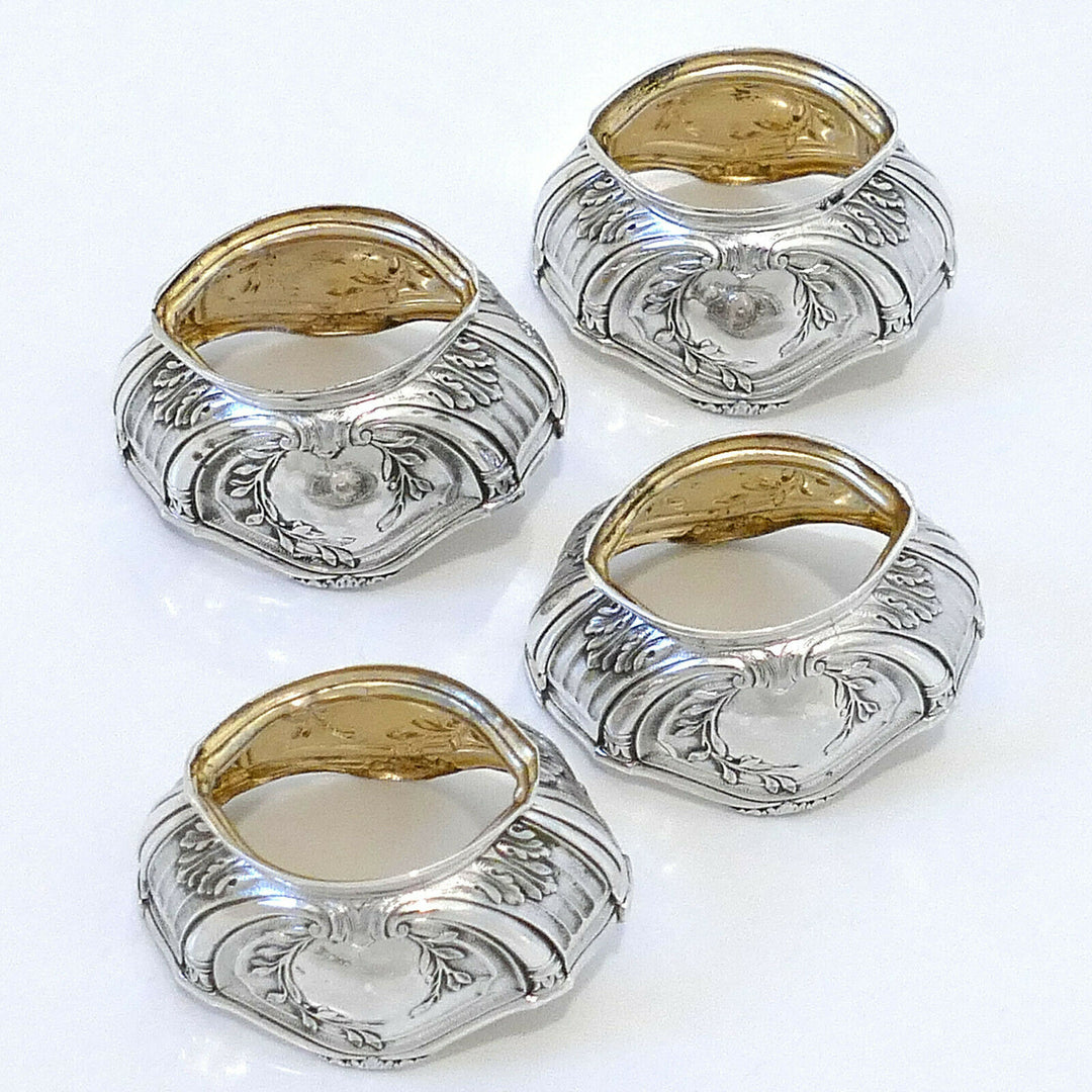 Puiforcat French Sterling Silver 18k Gold 4 Salt Cellars, Spoons, Box, Empire