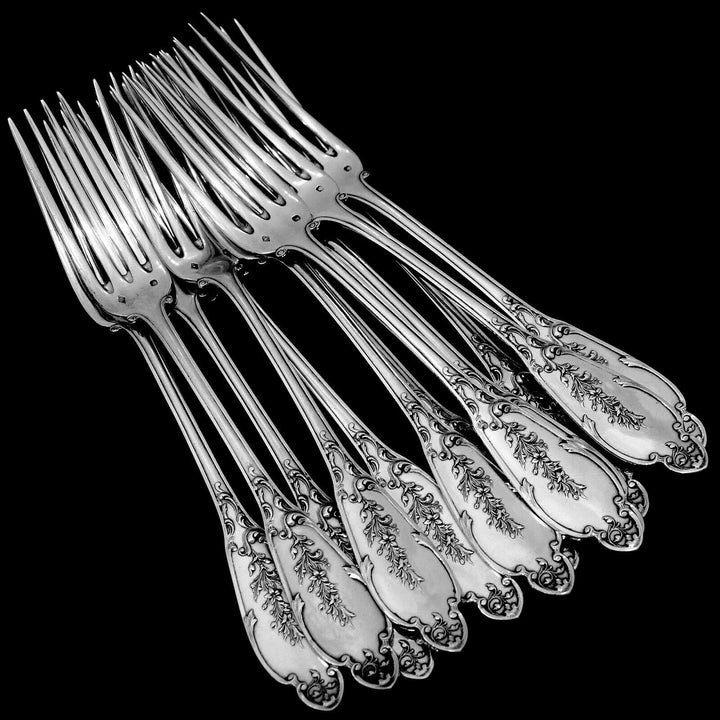 Debain Henin French Sterling Silver Dinner Flatware Set 49 Pc, Box, Flowers