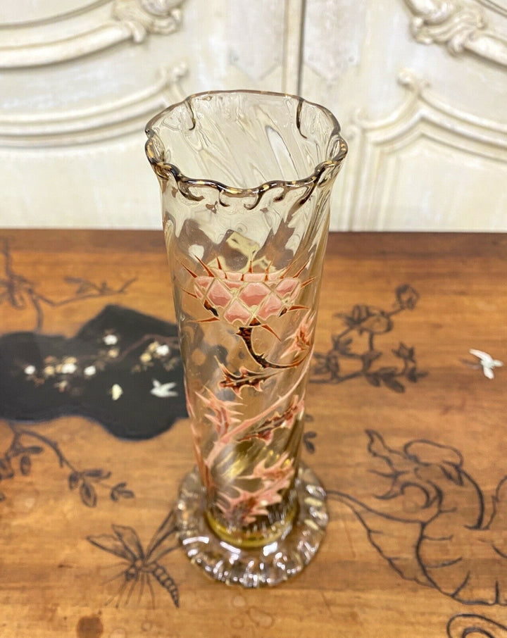 Émile Gallé - Vase Tube En Verre Dit «Chardon De Lorraine», Art Nouveau - 27cm